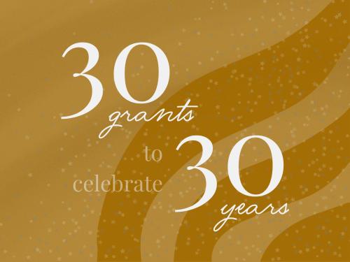 Gold background with three darker gold stripes sprinkled with tiny faded stars throughout. White text reads "30 grants to celebrate 30 years."